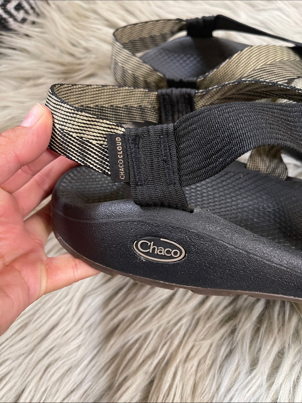 Chaco Black Sandals with Tan-Striped Webbing - Picture 5 of 7